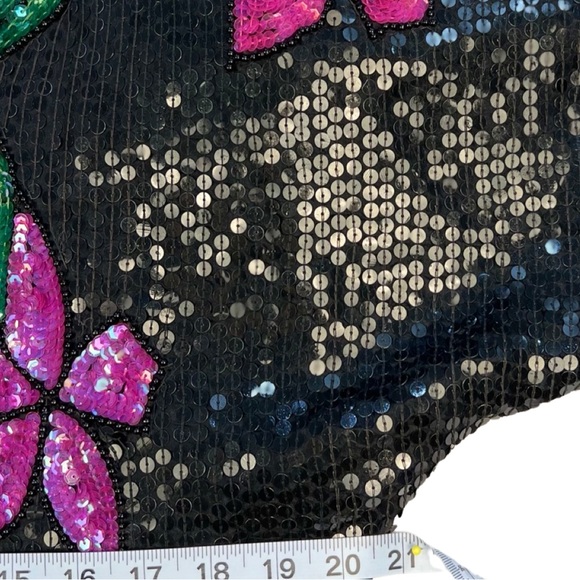 Vintage Sequin and Beaded Top, Black sequin with Hot Pink Flowers, Kelly Green - Picture 9 of 10